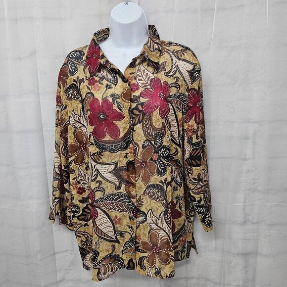 Brown Blouse Red Floral Boho Sheer Button-Down Retro Hippie 16 - Picture 1 of 13